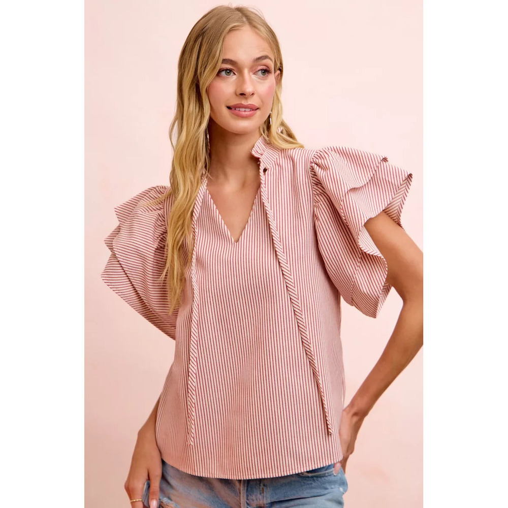 BiBi Twill Striped Ruffle Sleeve Blouse